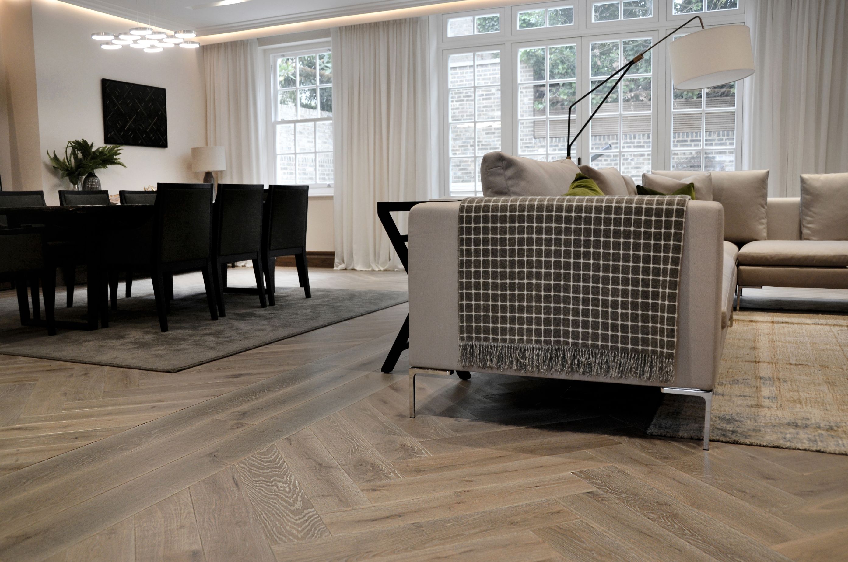 Ecohardwood Herringbone parquet oak flooring with a triple border. Colour: Waterfall>>. Contractor: Tuttoparquet