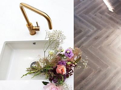 Waterfall colour Herringbone oak parquet, interior by Moxy & Co Studio