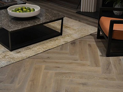 Herringbone oak parquet in London, Waterfall colour