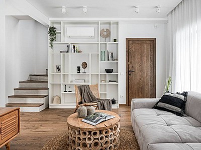 Bali inspired interior: oak floors, oak stairs, oak doors in Walnut colour