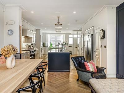 Engineered wood flooring in a herringbone pattern, Waterfall colour