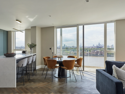 Herringbone wood floors in Silver Dust colours at the Greenwich Penthouse, London