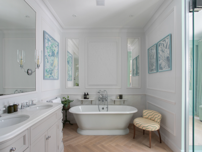 Award-winning bathroom design features oak parquet in Extra White colour