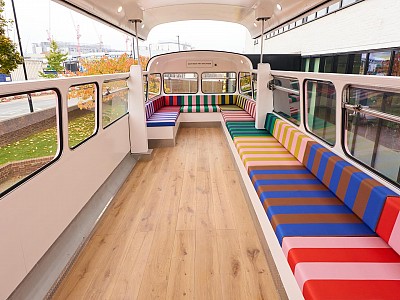 Oak floors in a Pear colour for the iconic Boden Routemaster stripy bus