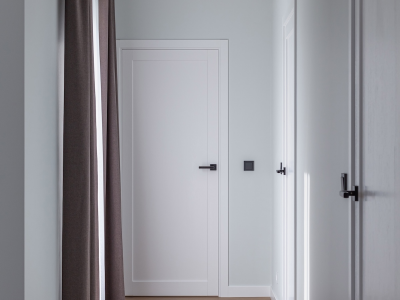 Panel style oak doors (classic RAL 9003 colour) and oak floors in Dunes colour