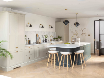 Herringbone oak floors for kitchen: Dunes colour, design by Rebecca Nokes, John Lewis of Hungerford