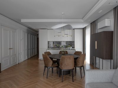 French-inspired design featuring Chevron wood floors in White Transparent colour