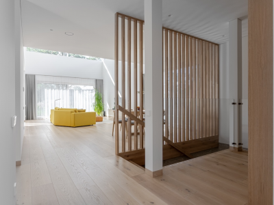 Oak doors, floors, stairs and oak slat wall in Ivory colour