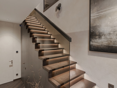 Solid oak stairs and herringbone oak parquet in Chiana colour