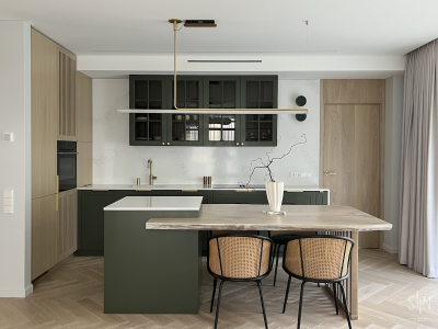 Herringbone oak parquet and flush oak doors in Ivory colour