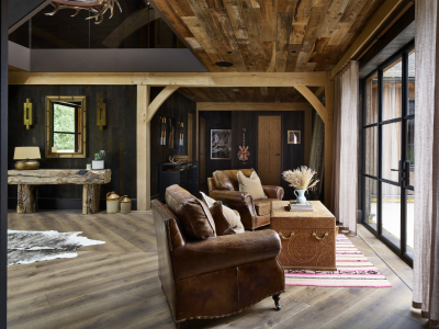 The Barn, Cotswolds: wide plank oak flooring and Chevron parquet in Tobacco