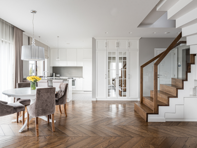 Chevron parquet flooring, oak stairs and oak doors