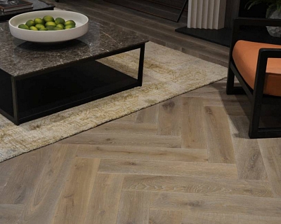 Herringbone oak parquet in London, Waterfall colour