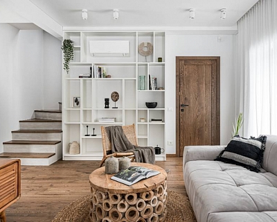 Bali inspired interior: oak floors, oak stairs, oak doors in Walnut colour
