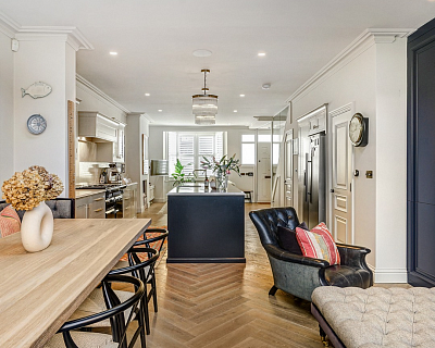 Engineered wood flooring in a herringbone pattern, Waterfall colour
