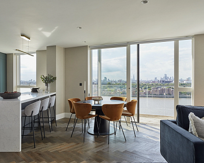 Herringbone wood floors in Silver Dust colours at the Greenwich Penthouse, London