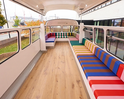 Oak floors in a Pear colour for the iconic Boden Routemaster stripy bus