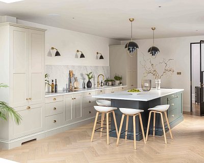 Herringbone oak floors for kitchen: Dunes colour, design by Rebecca Nokes, John Lewis of Hungerford
