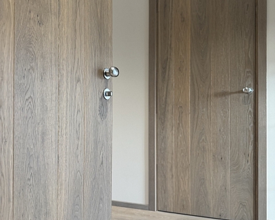 Flemish style solid wood doors paired with oak floors in Dunes colour