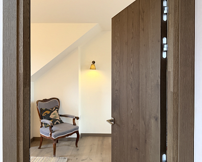 Wide oak plank flooring in Dunes colour, Plank and Flemish oak doors for London loft renovation