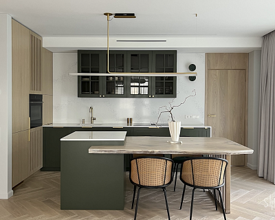 Herringbone oak parquet and flush oak doors in Ivory colour