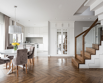 Chevron parquet flooring, oak stairs and oak doors