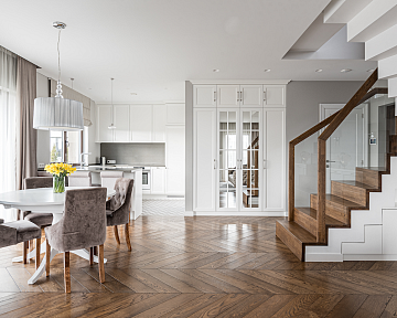 Chevron parquet flooring, oak stairs and oak doors